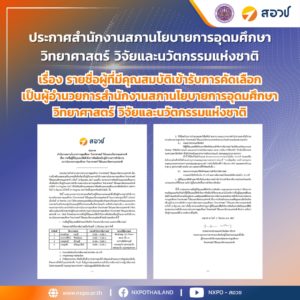 ประกาศ สำนักงานสภานโยบายการอุดมศึกษา วิทยาศาสตร์ วิจัยและนวัตกรรมแห่งชาติ เรื่อง รายชื่อผู้ที่มีคุณสมบัติเข้ารับการคัดเลือกเป็นผู้อำนวยการสำนักงาน สภานโยบายการอุดมศึกษา วิทยาศาสตร์ วิจัยและนวัตกรรมแห่งชาติ