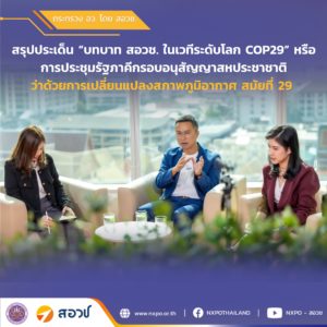 สอวช. ย้ำบทบาทประเทศไทยในเวที COP29 “ดร.สุรชัย” เผย ไทยได้รับการถ่ายทอดเทคโนโลยีด้านการเปลี่ยนแปลงสภาพภูมิอากาศเป็นอันดับต้นของโลก เล็งต่อยอดขอกองทุนภูมิอากาศสีเขียวพัฒนาระบบนวัตกรรม เตรียมผลักดันพัฒนากำลังคนทักษะสูง “Climate Change” รองรับอนาคต